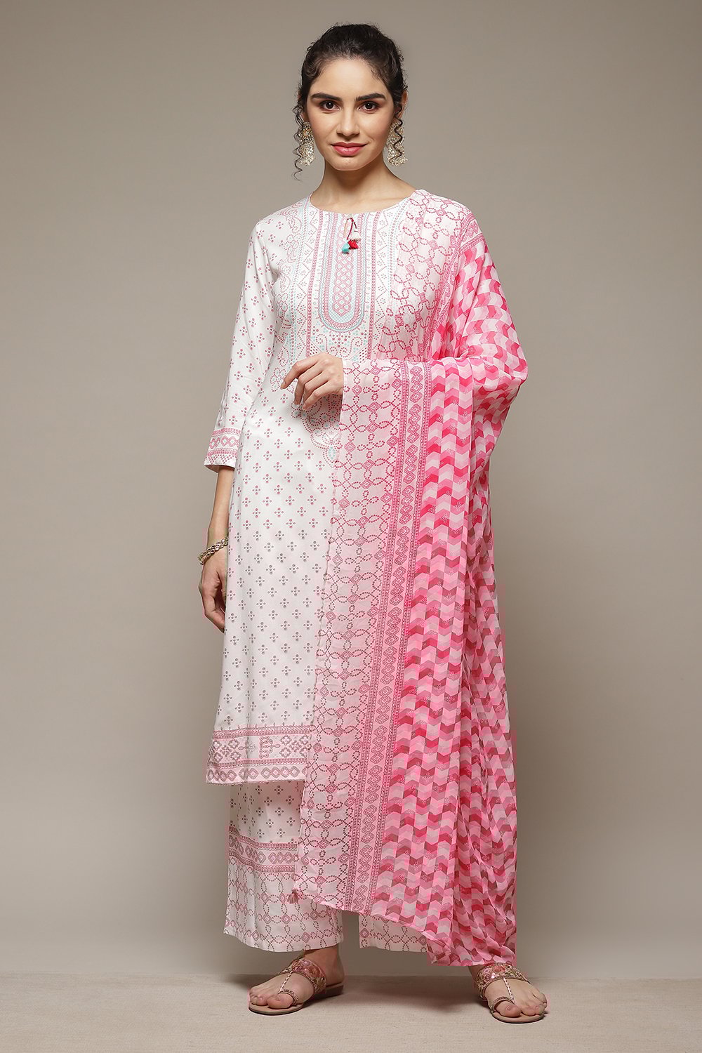 White LIVA Straight Kurta Suit Set image number 1